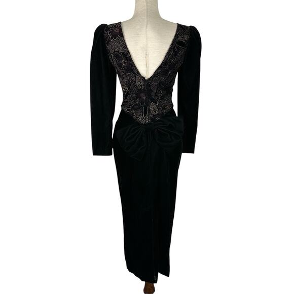 Vintage Jessica McClintock Dress Women Size 4 Black Velvet Metallic Formal Party - Picture 3 of 15